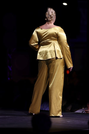 HOK House Of KLynn Couture Gilded Gold Two Piece Pant Set Satin Runway Look Vogue Lifestyle