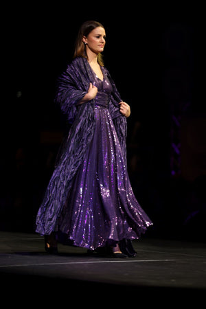 HOK House Of KLynn Couture Gown Opulence Purple Sequins Evening Top Runway Look Hooded Shawl Gala What To Wear Luxury Event Vogue