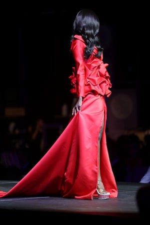 HOK House Of KLynn Couture Rich Satin Dramatic Red Luxury Ruffled Tuxedo Gown Flowing Train Evening Event Gala Vogue Runway Top Looks Lifestyle Holiday Party New Years Eve Red Carpet Style Inspiration Designer Old Money Award Show Winner Nominees IMDB
