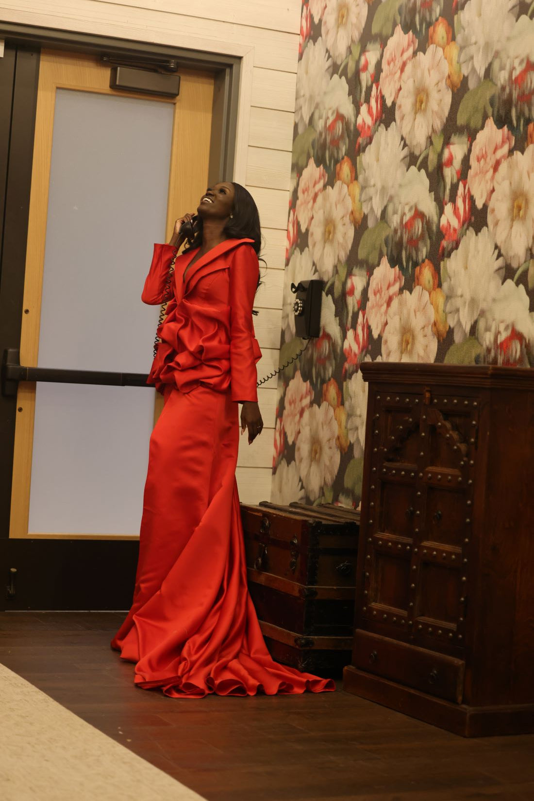 HOK House Of KLynn Couture Rich Satin Dramatic Red Luxury Ruffled Tuxedo Gown Flowing Train Evening Event Gala Vogue Runway Top Looks Lifestyle Holiday Party New Years Eve Birthday Red Carpet Style Inspiration Designer Box Office Award Show Winner Nominees 