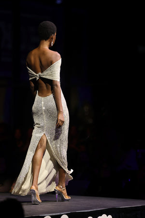 HOK House Of KLynn Couture Silver Sequins Luxury Gown Open Back Evening