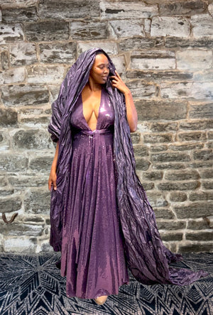 HOK House Of KLynn Couture Gown Opulence Purple Sequins Evening Top Runway Look Hooded Shawl Gala What To Wear Vogue