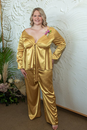 HOK House Of KLynn Couture Gilded Gold Two Piece Pant Set Satin 